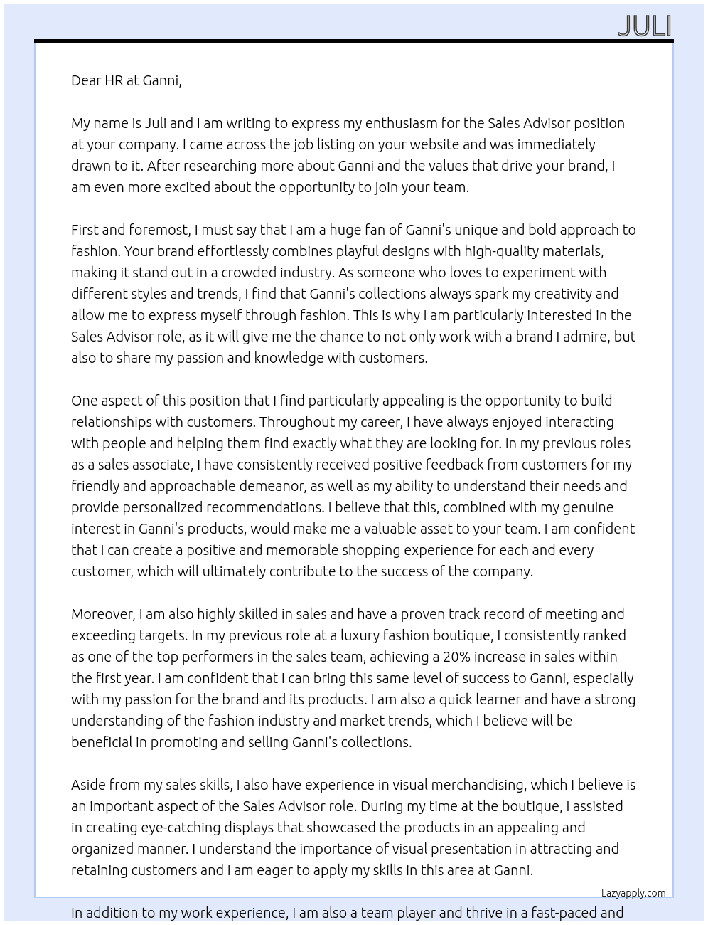 Sales Advisor At Ganni Cover Letter