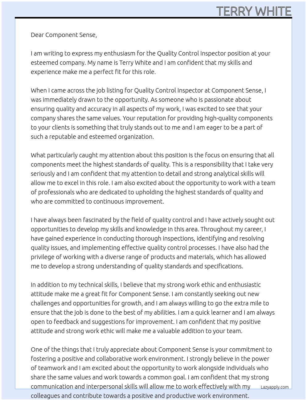 Quality Control Inspector At Component Sense Cover Letter