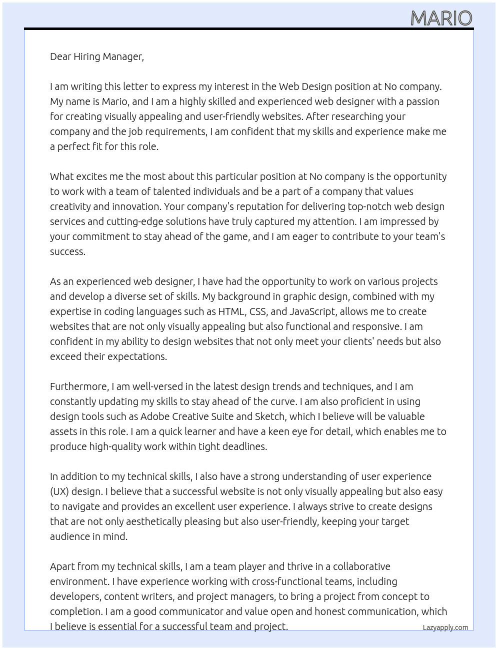 web design At No Cover Letter
