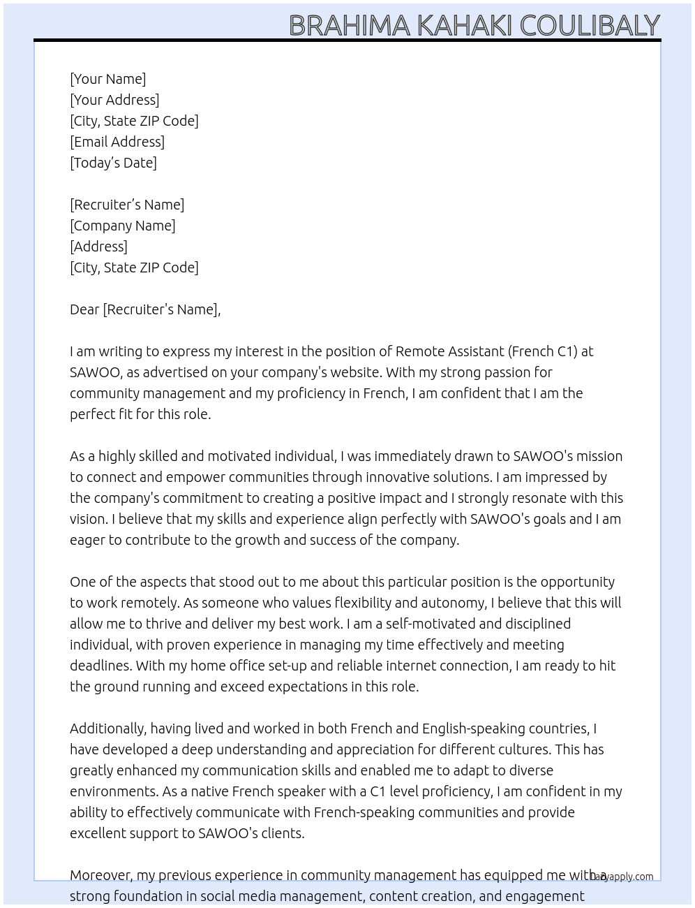 Remote Assistant (French C1) | Community Management | Full time (Assistant à distance) At SAWOO Cover Letter
