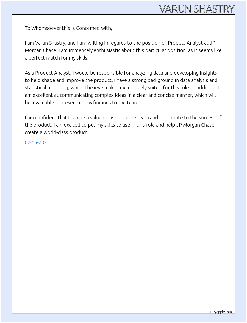 Product Analyst At JP Morgan Chase Cover Letter