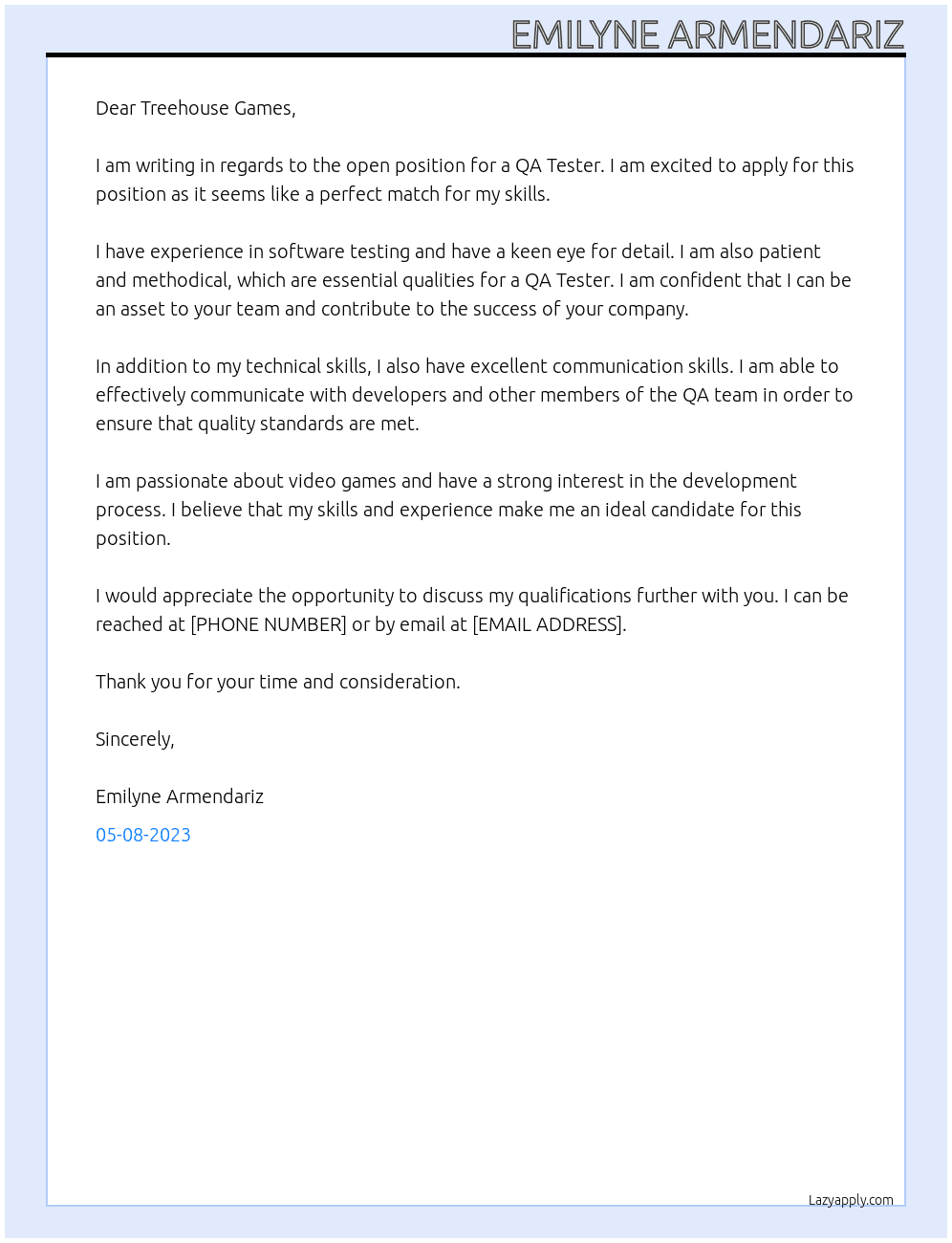 QA Tester At Treehouse Games Cover Letter