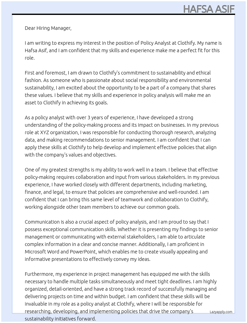 Policy analyst At clothify Cover Letter