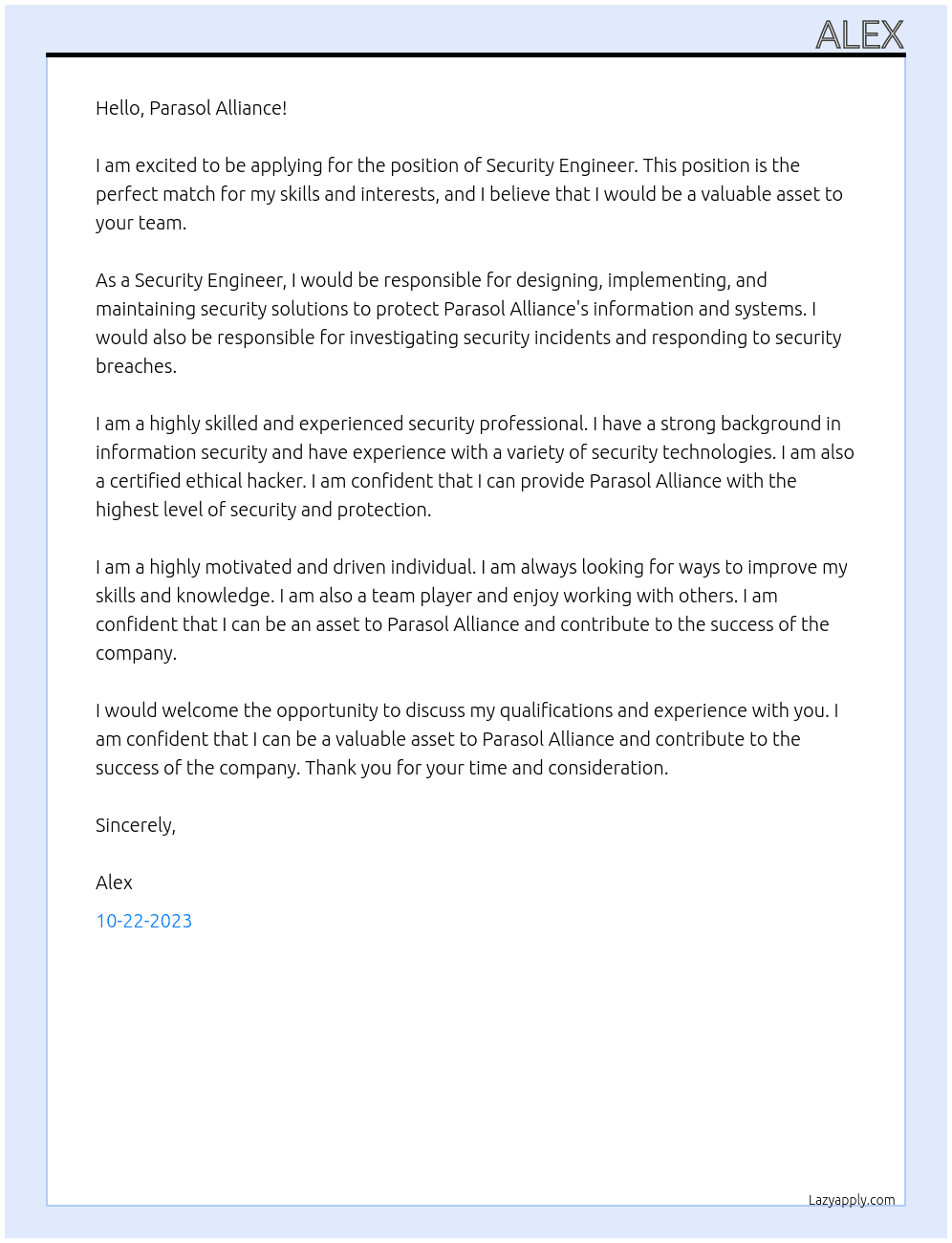 Security Engineer At Parasol Cover Letter