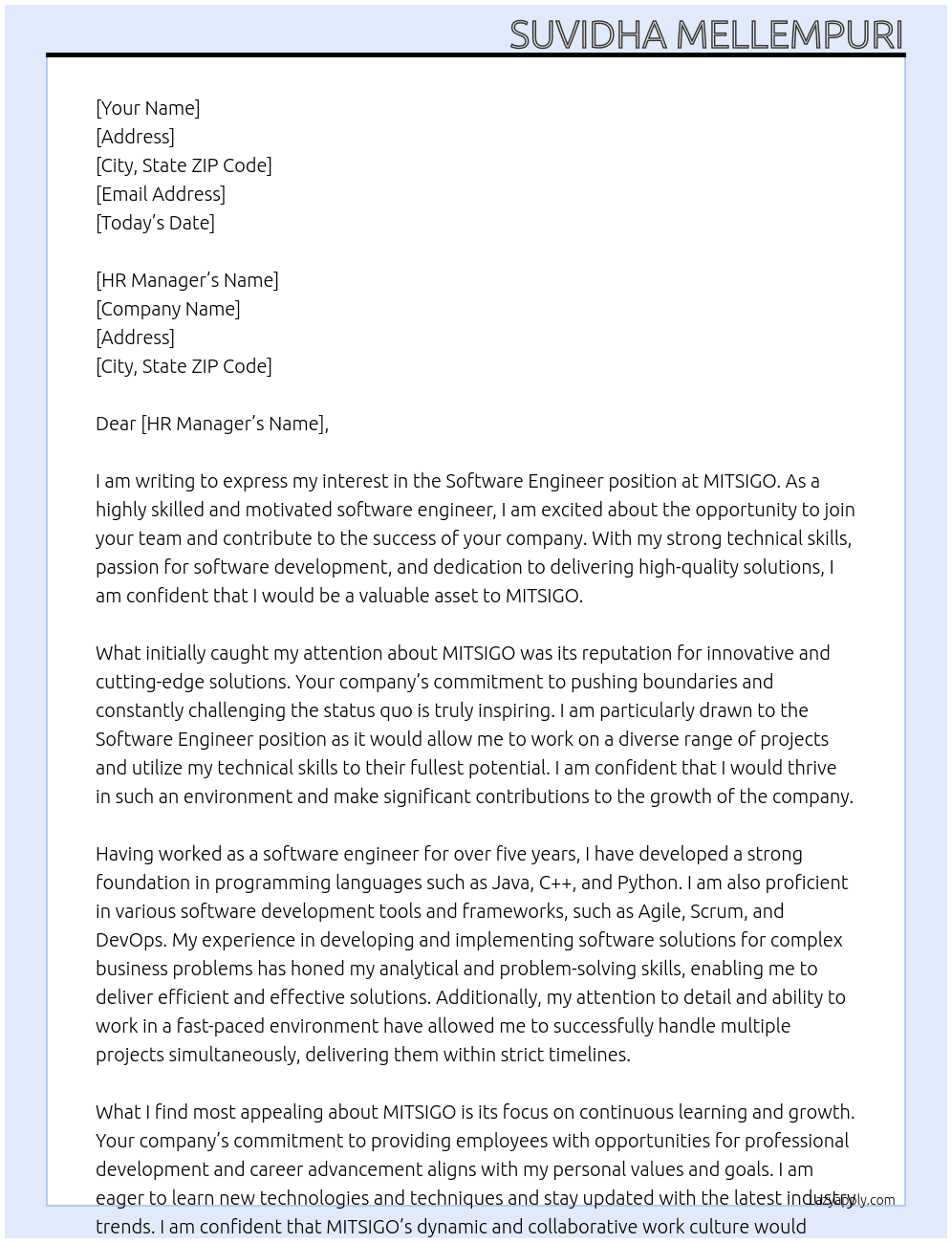 software engineer At MITSIGO Cover Letter