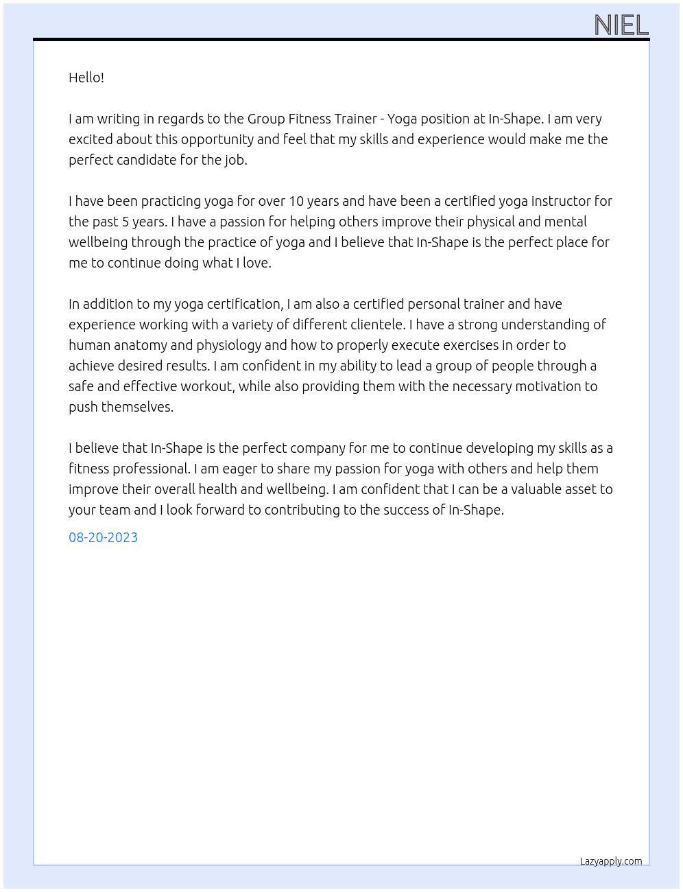 Group Fitness Trainer - Yoga At In-Shape  Cover Letter