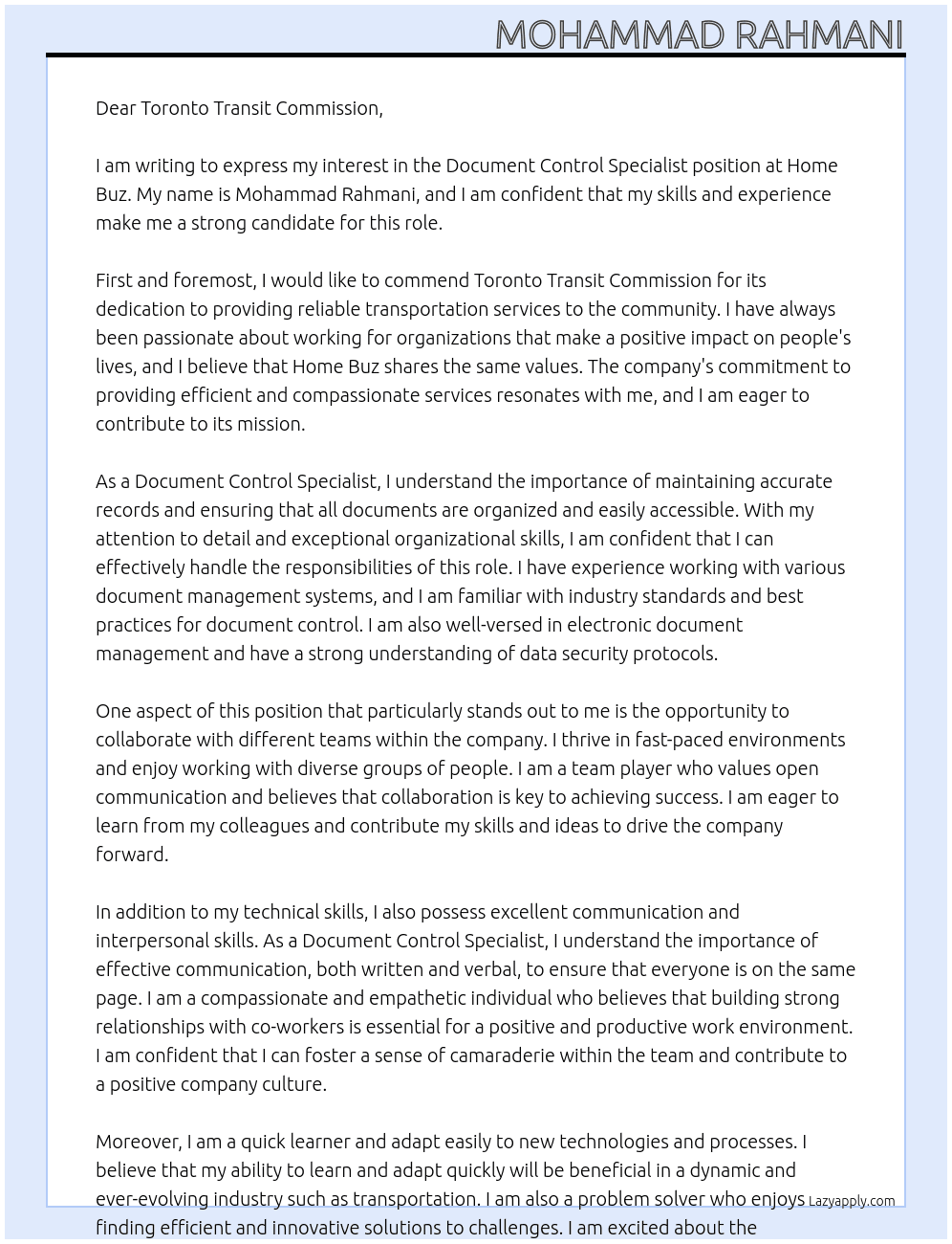 Document Control Specialist  At home buz Cover Letter