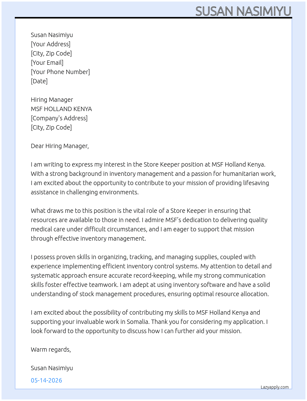 Store keeper At MSF HOLLAND KENYA Cover Letter