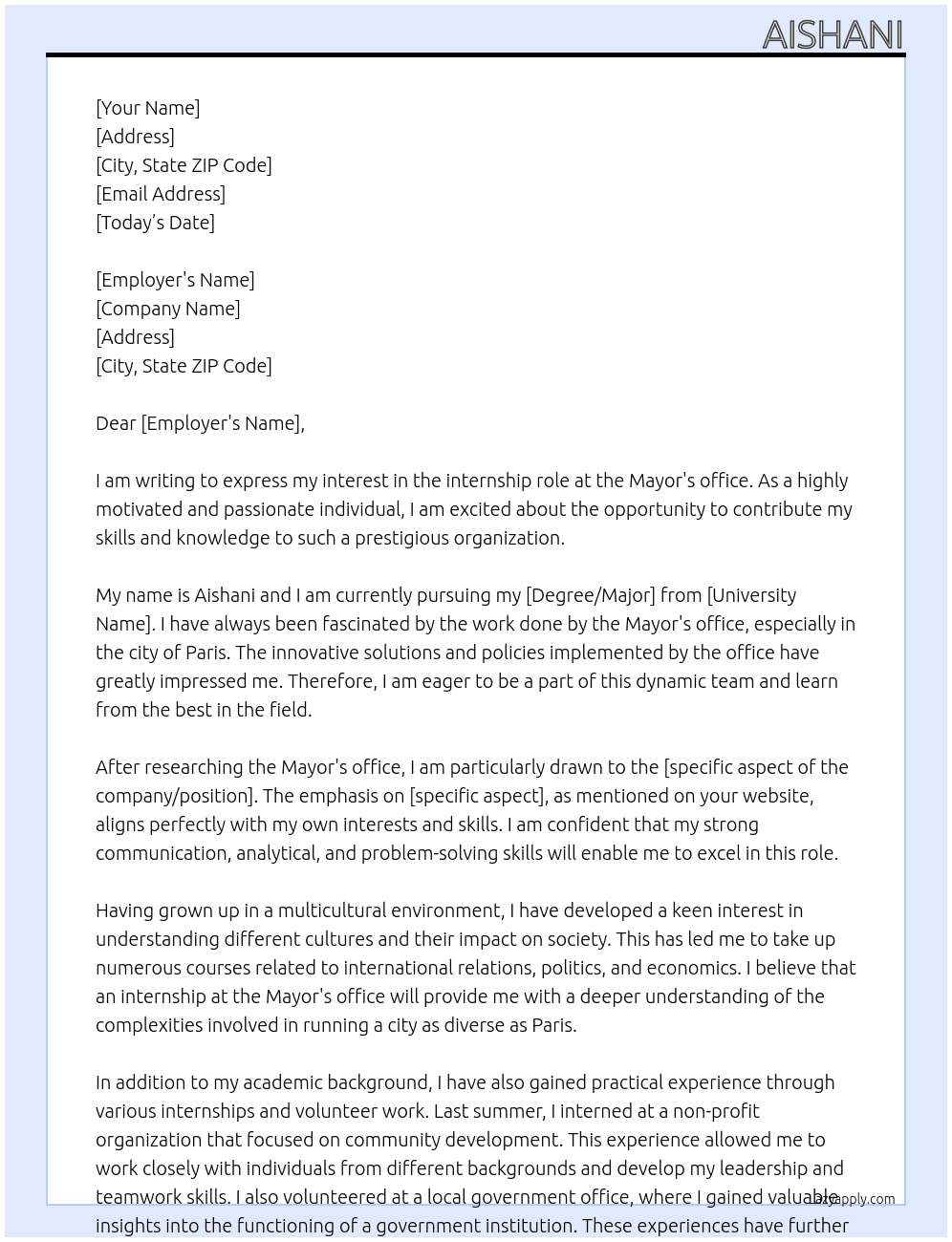 internship  At Mayor's office Cover Letter