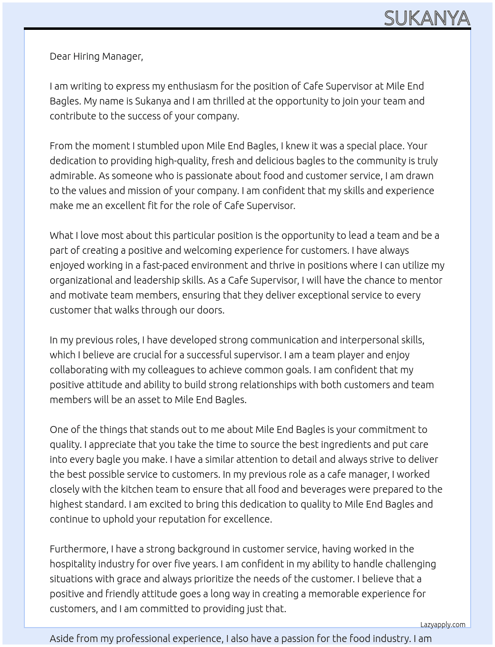 cafe supervisor At Mile End Bagles Cover Letter