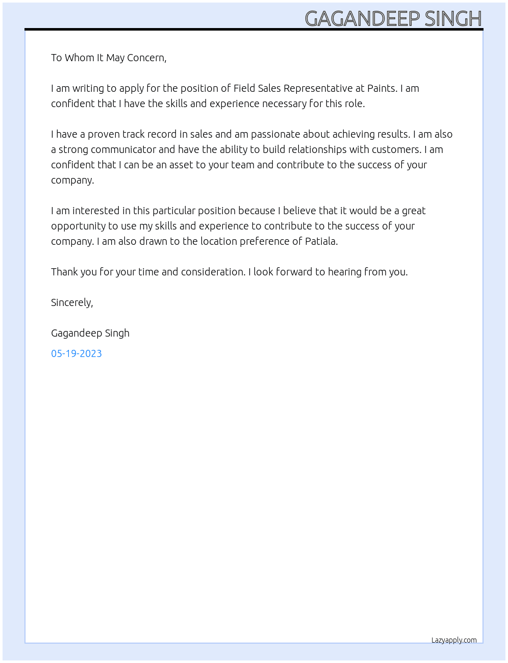 field sales representsative At paints Cover Letter