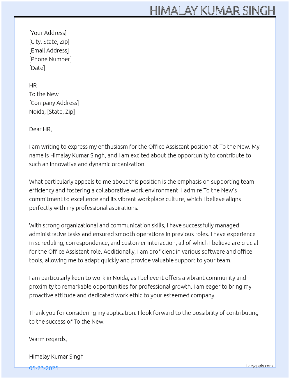 Office assistant At To the new Cover Letter
