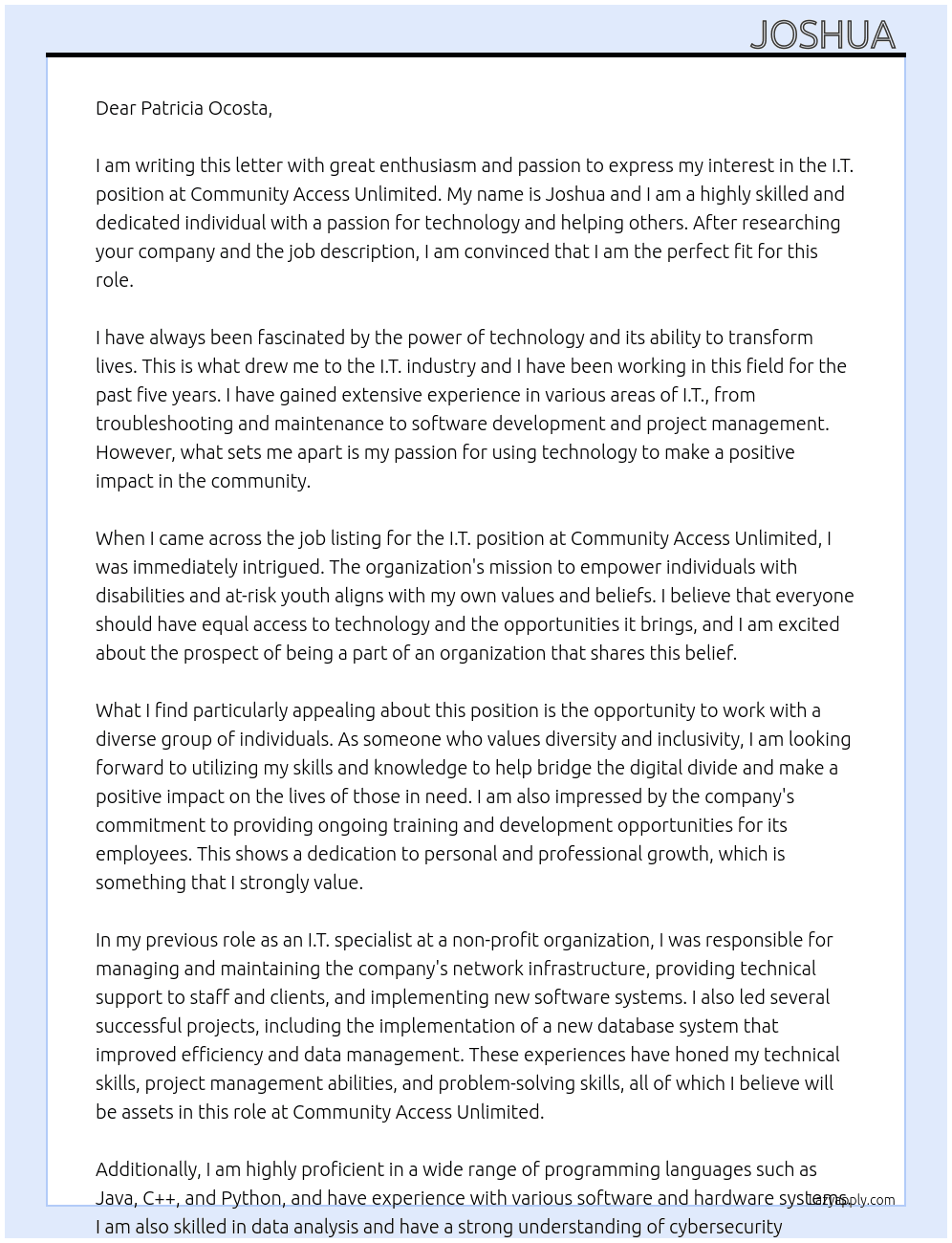 I.T. At Community Access Unlimited  Cover Letter