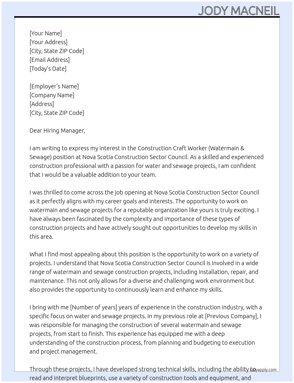 Construction Craft Worker (Watermain & Sewage) At Nova Scotia Construction Sector Council Cover Letter