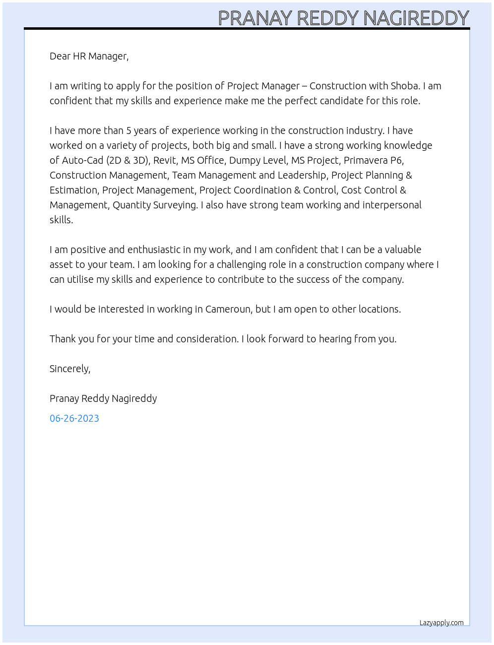 Project Manager  Construction  At Shoba Cover Letter