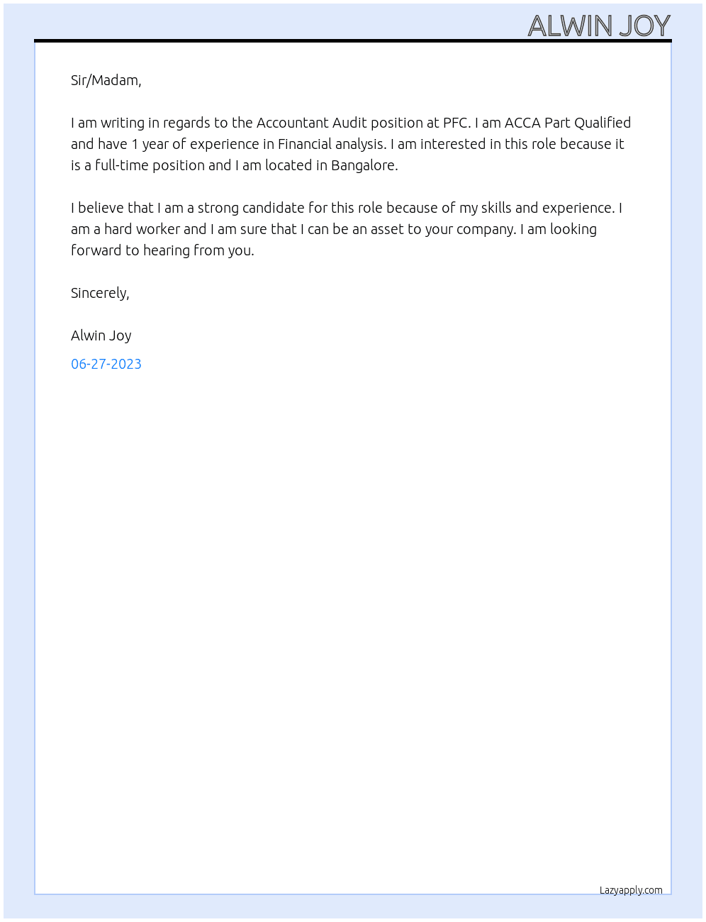 Accountant Audit At PFC Cover Letter