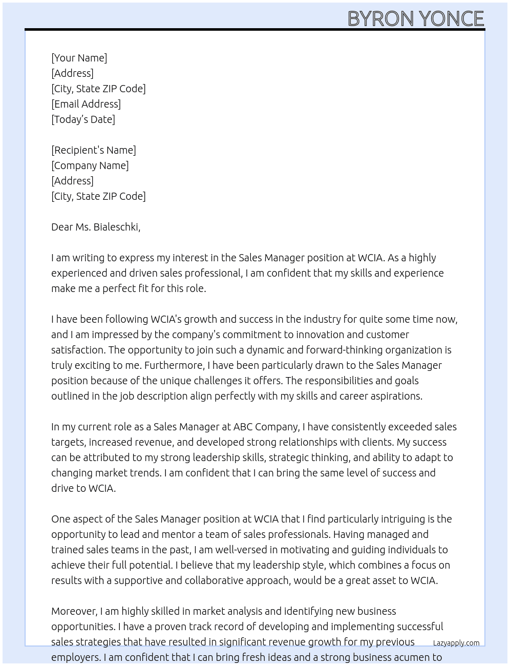 Sales Manager At WCIA Cover Letter