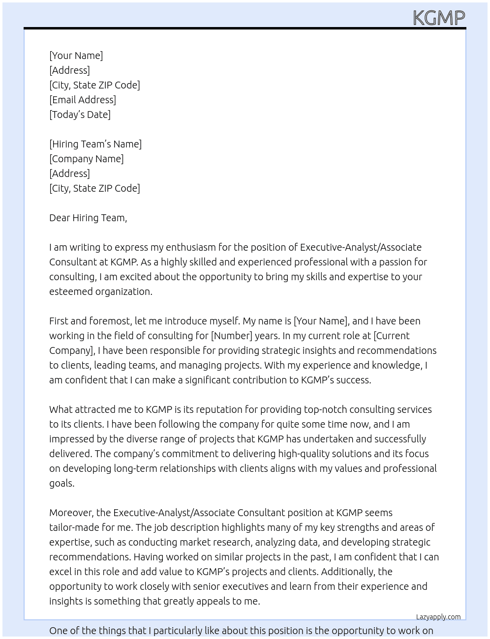 Executive - Analyst/Associate Consultant At KGMP Cover Letter