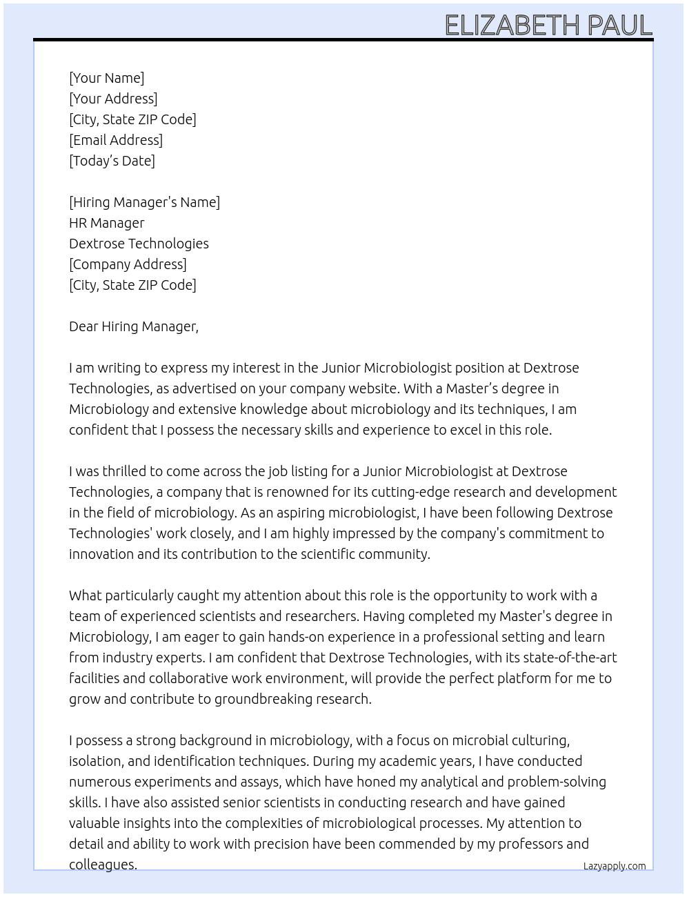 Junior Microbiologist At Dextrose Technologies Cover Letter