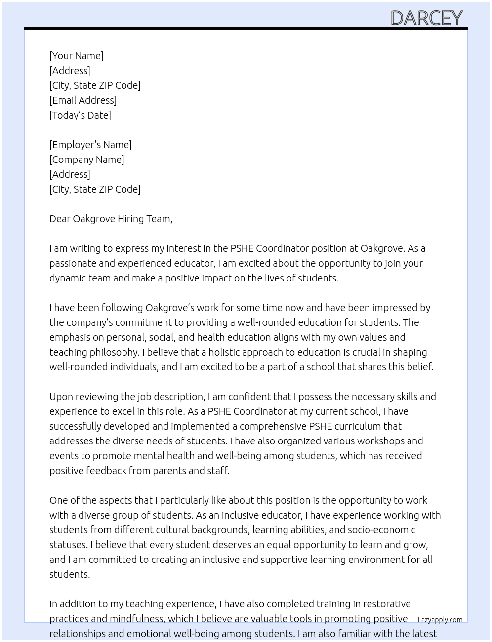 PSHE Coordinator  At Oakgrove  Cover Letter