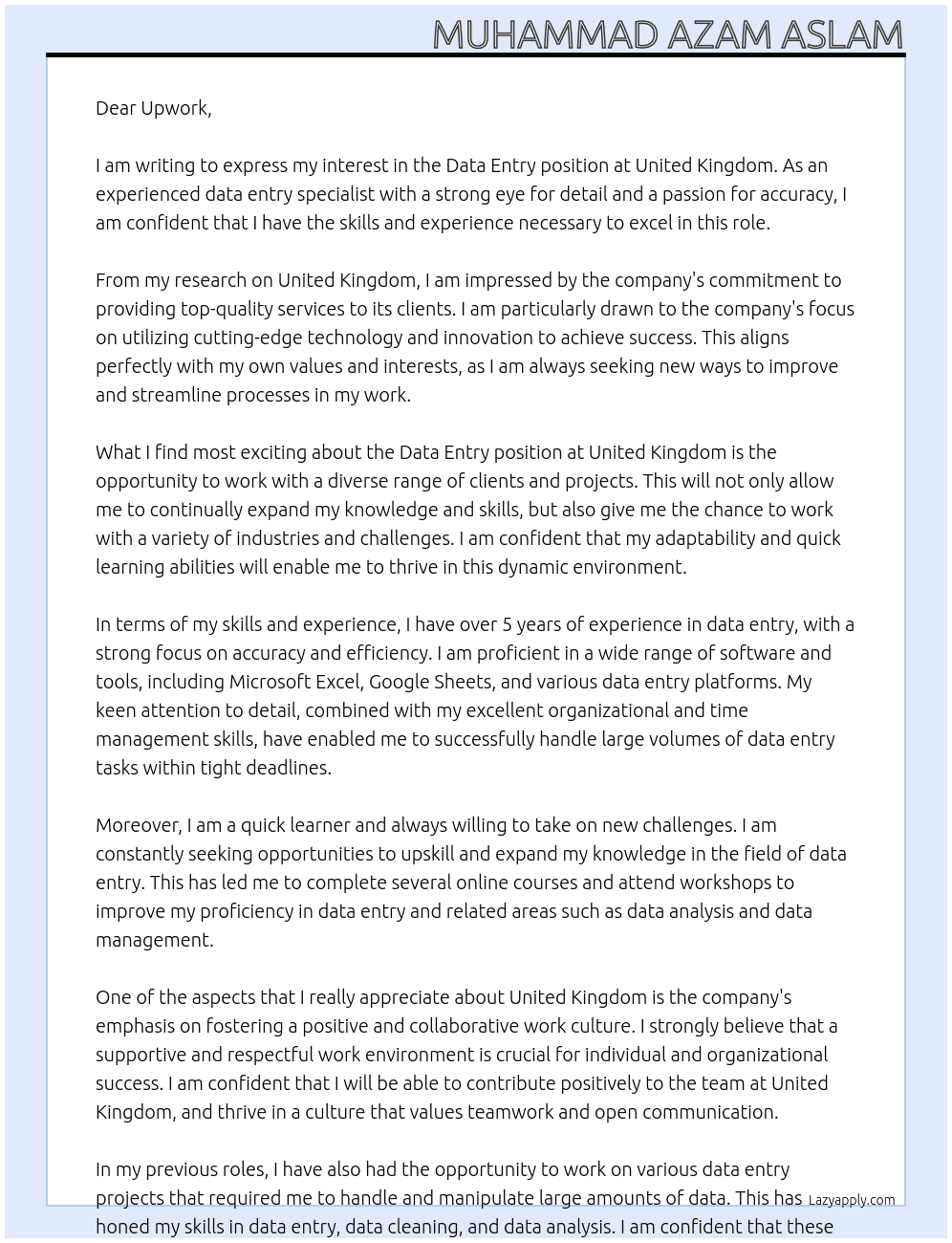 data entry At united kingdom Cover Letter