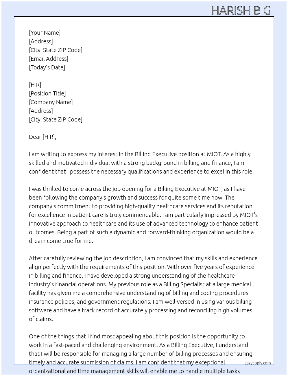 Billing Executive At MIOT Cover Letter