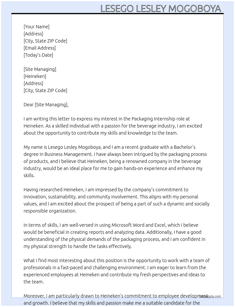 Packaging  At Heineken  Cover Letter