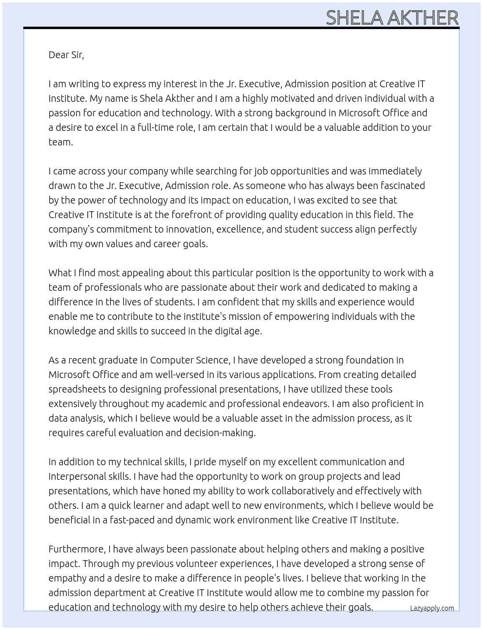  Jr. Executive, Admission At Creative IT Institute Cover Letter