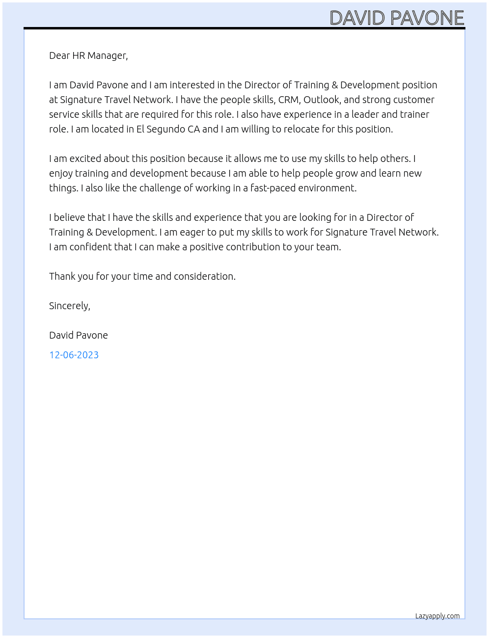 Director of Training & Development At Signature Travel Network Cover Letter