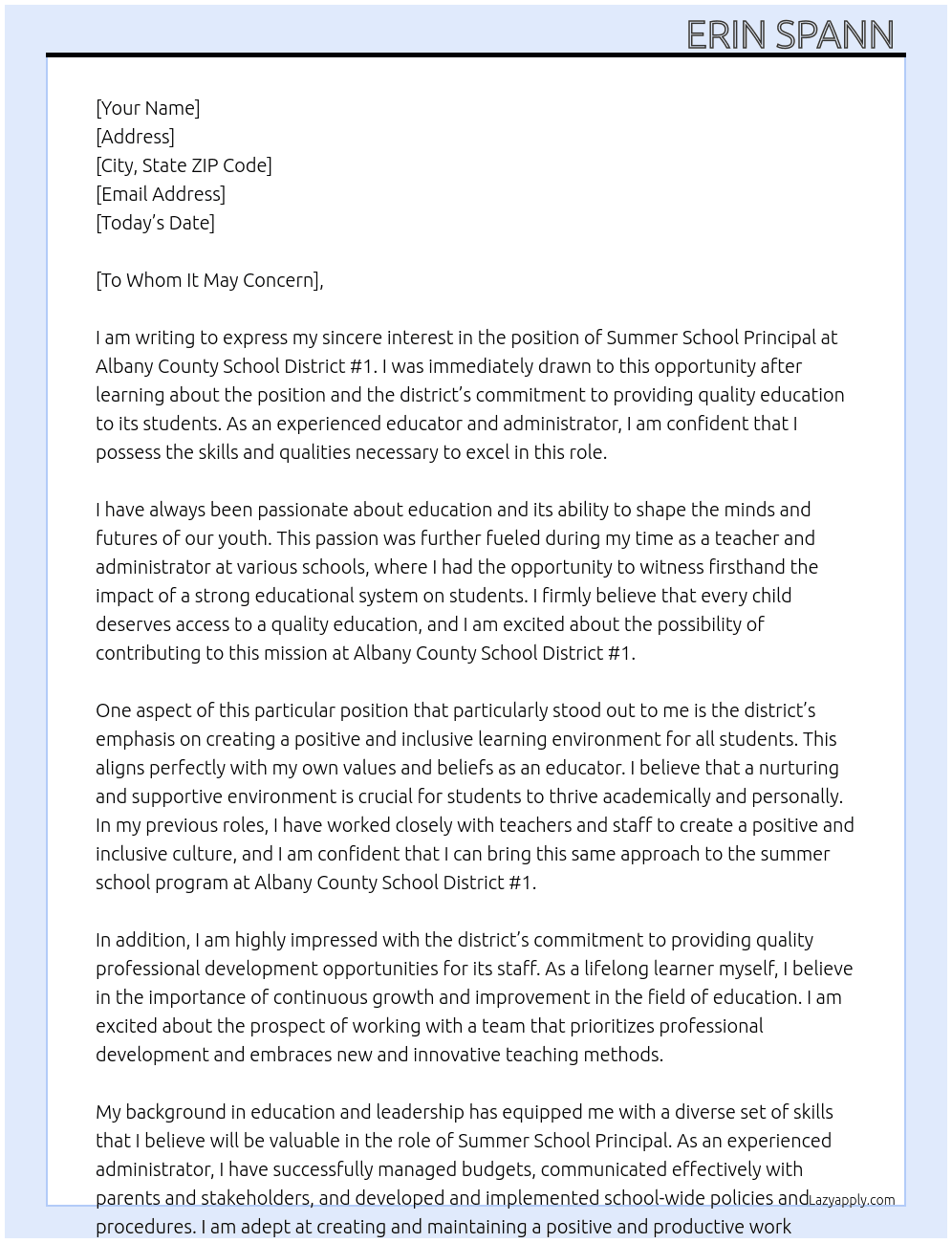 Summer School Principal At Albany County School District # 1  Cover Letter