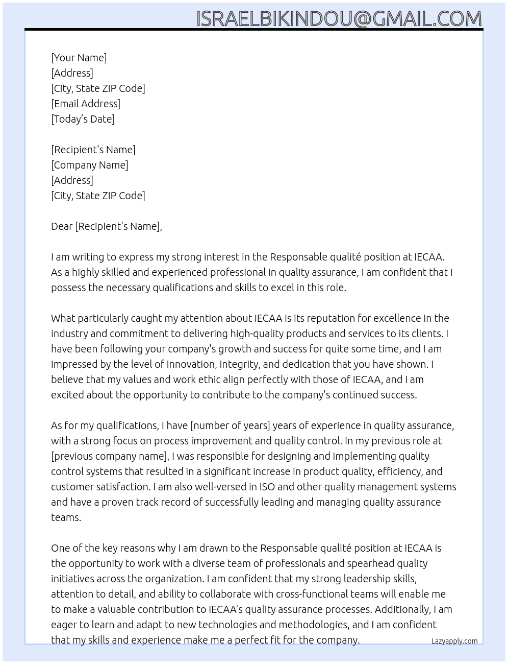 Responsable qualité At IECAA Cover Letter