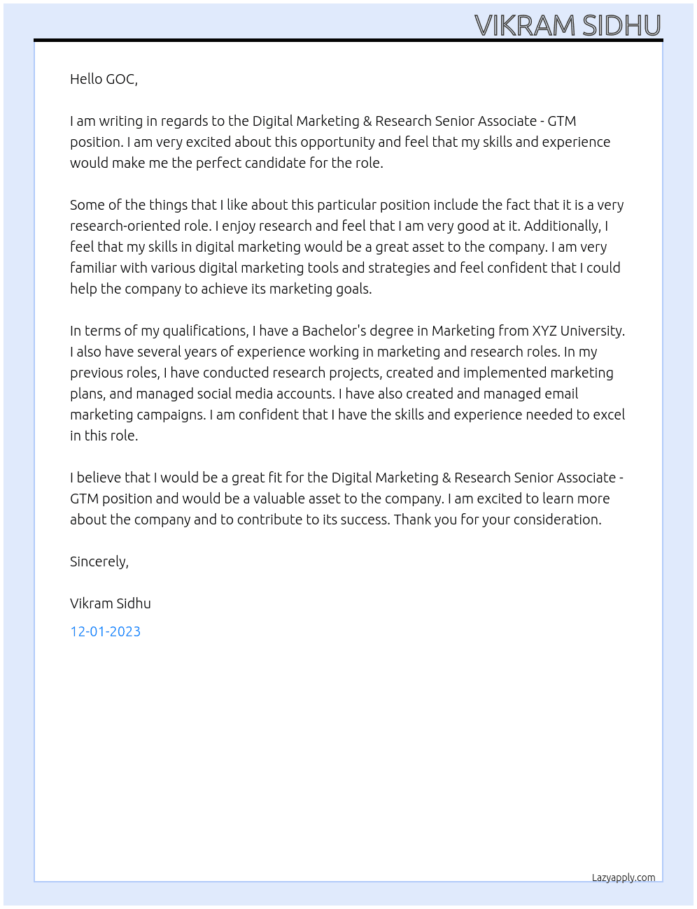 Digital Marketing & Research Senior Associate - GTM At GOC Cover Letter