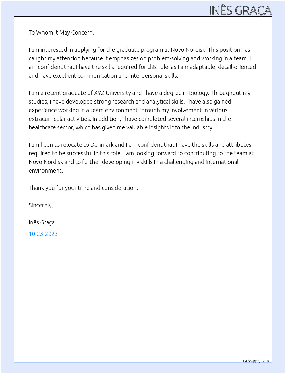 graduate programme At NovoNordisk Cover Letter