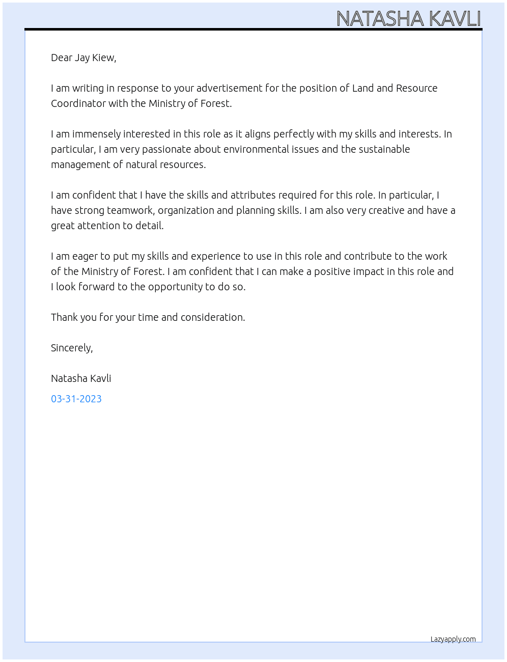 Land and Resource Coordinator At Ministry of Forest Cover Letter