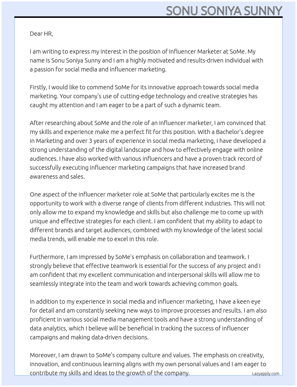 influencer marketer At SoMe Cover Letter