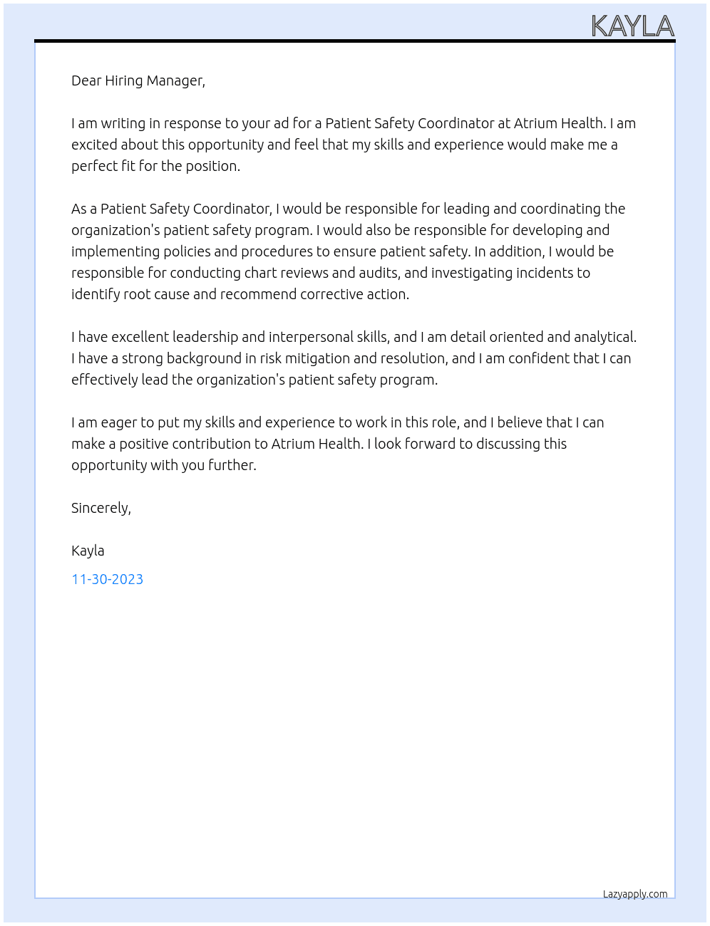 Patient Safety Coordinator At Atrium Health Cover Letter