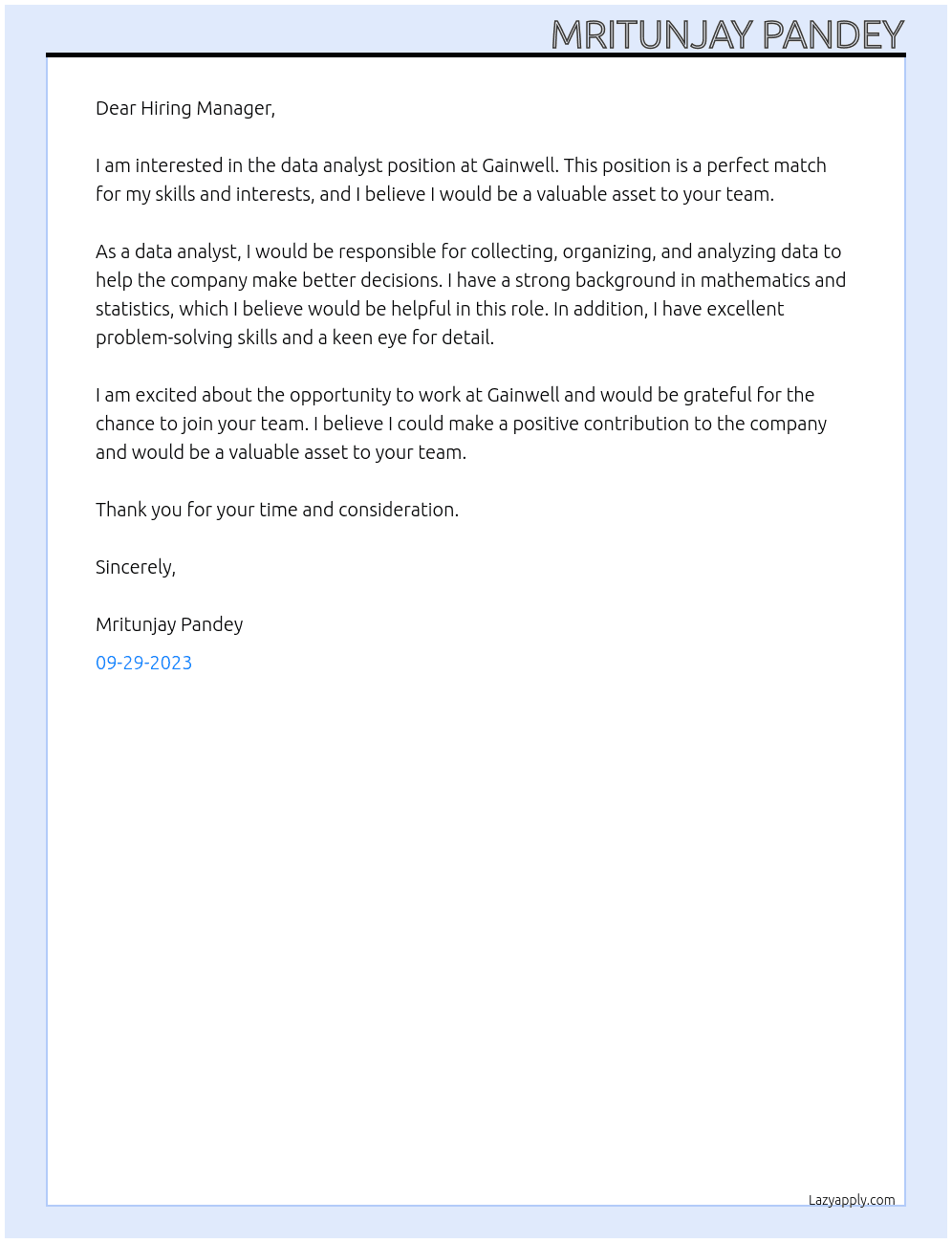 data Analyst At gainwell Cover Letter