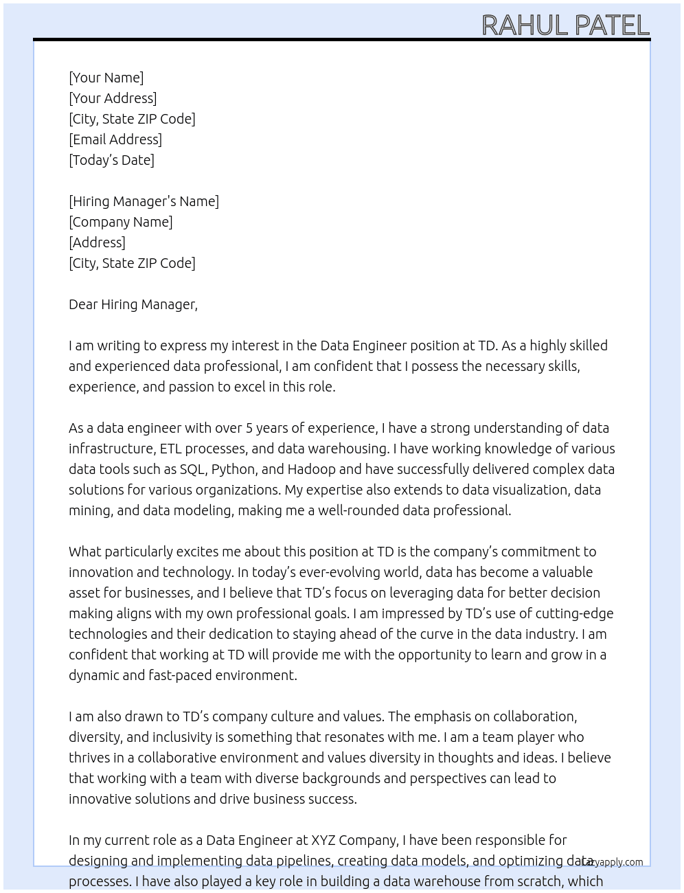Data Engineer At TD Cover Letter