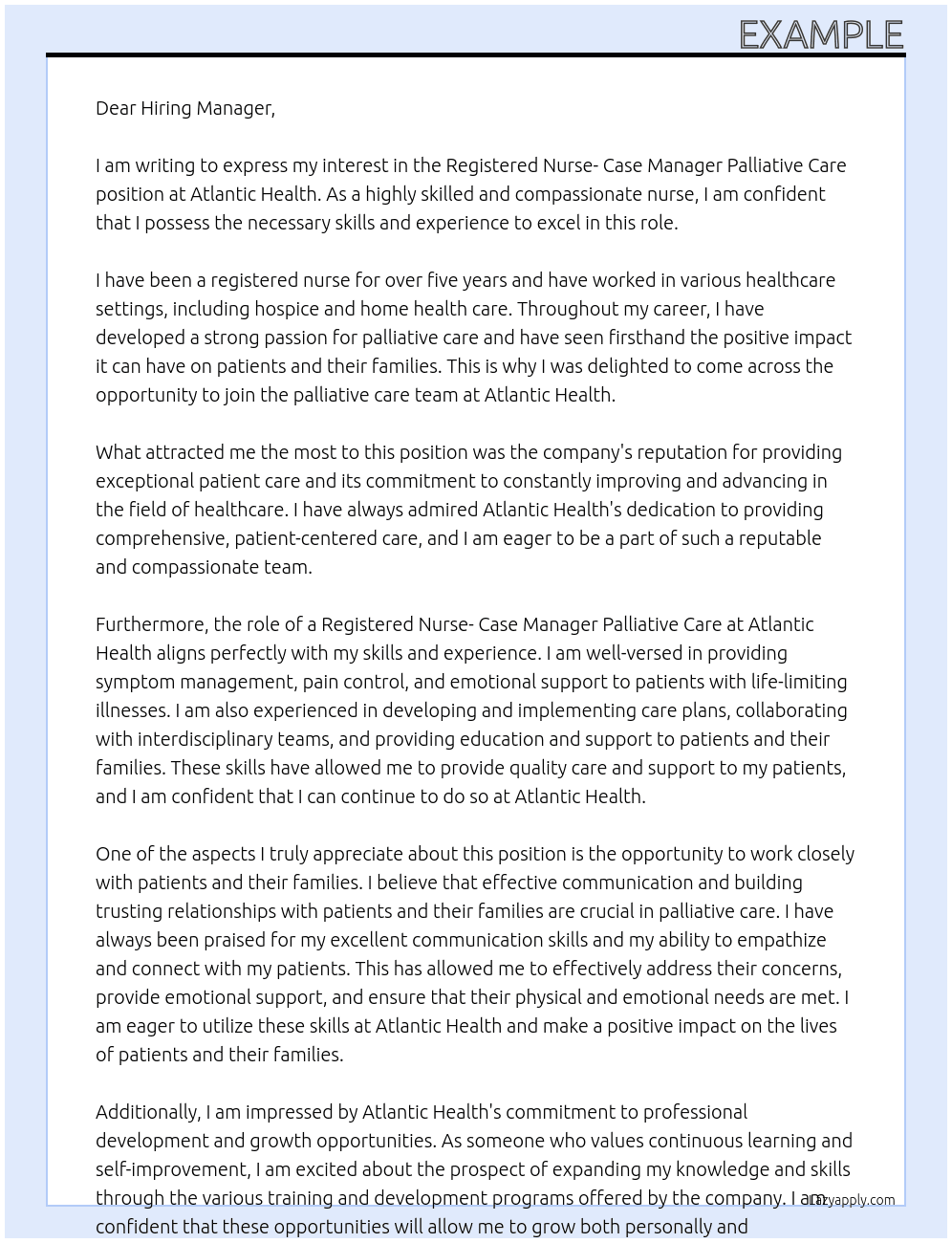 Registered Nurse- Case Manager Palliative Care At Atlantic Health Cover Letter