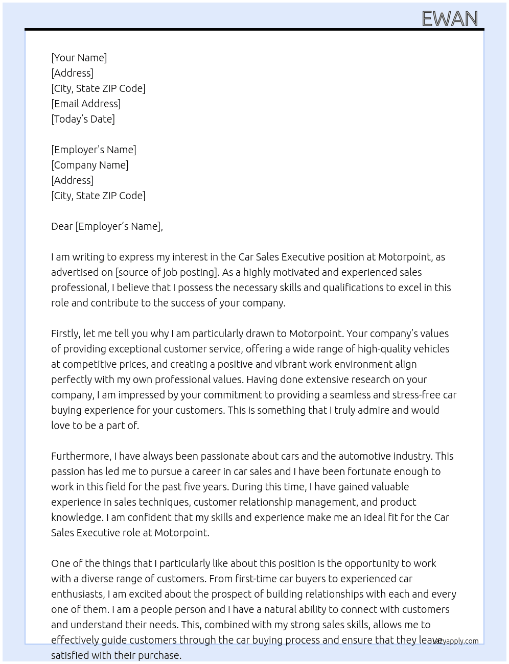 Car sales executive  At Motorpoint  Cover Letter