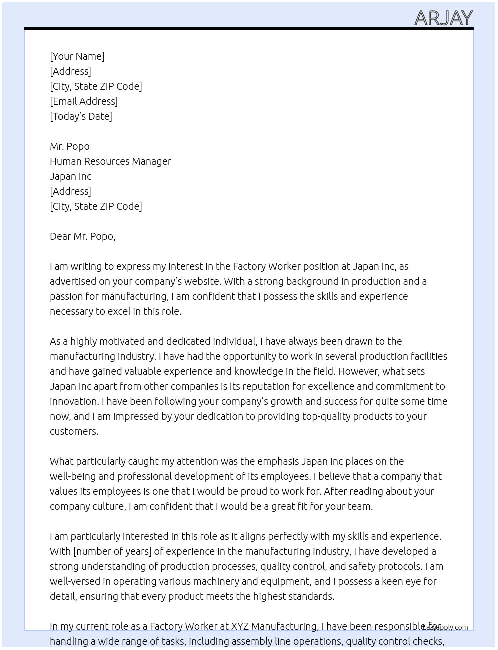 Factory worker  At Japan Inc Cover Letter
