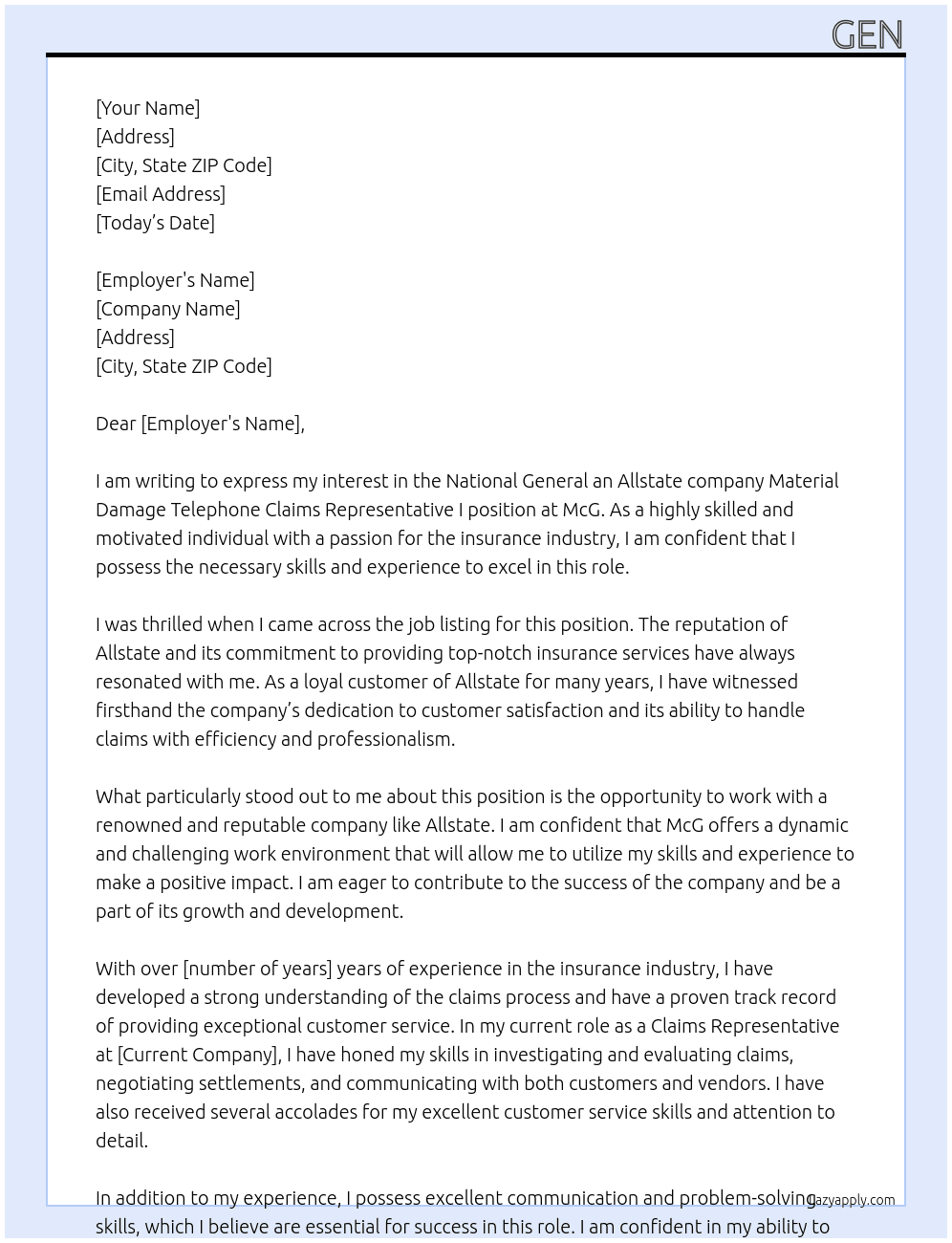 National General an Allstate company  Material Damage Telephone Claims Representative I At McG Cover Letter