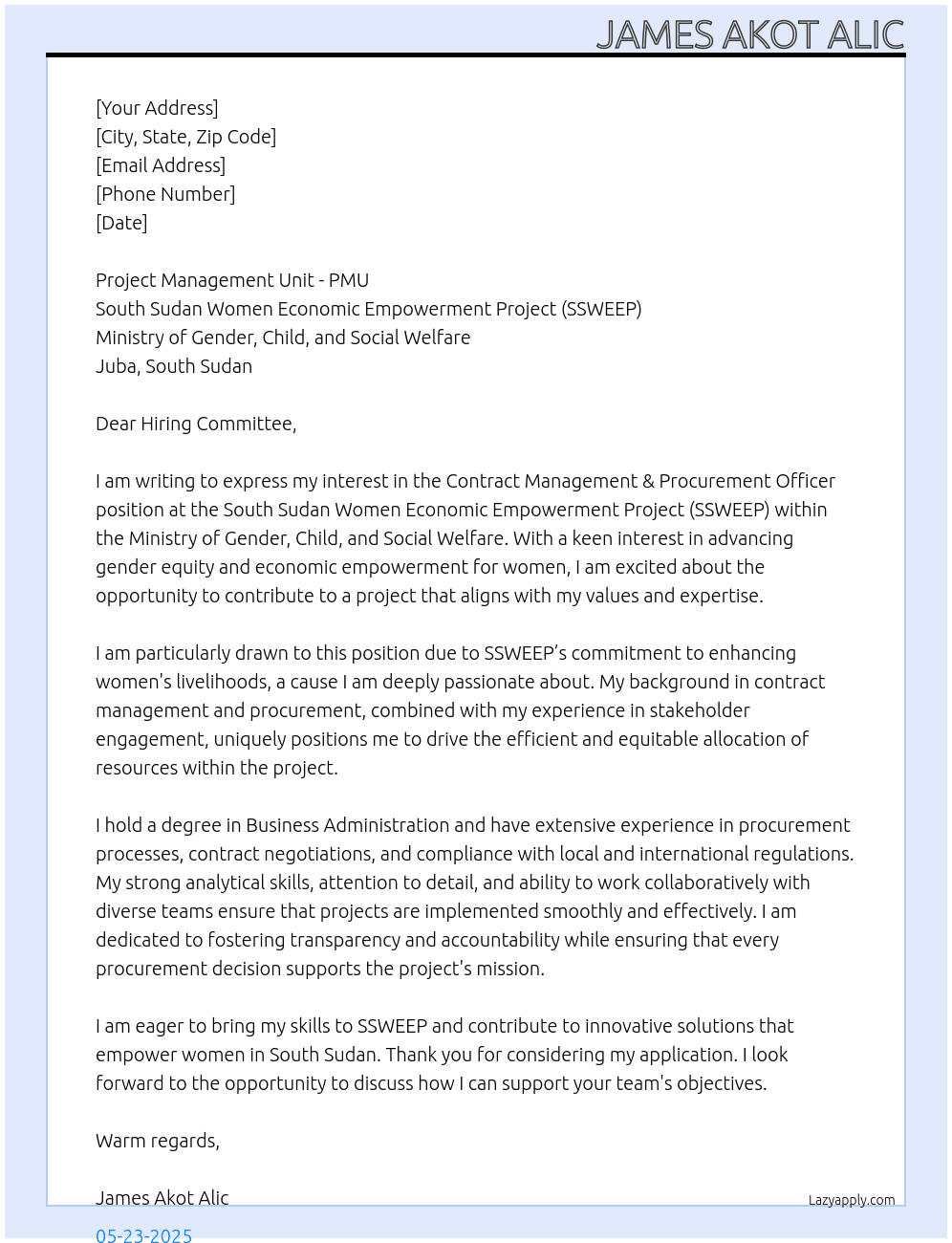 Cover letter for contract management & procurement officer - LazyApply