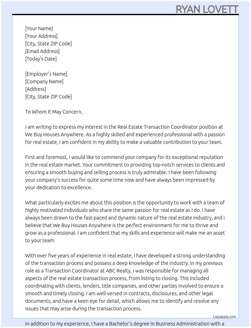 Real Estate Transaction Coordinator At We Buy Houses Anywhere Cover Letter