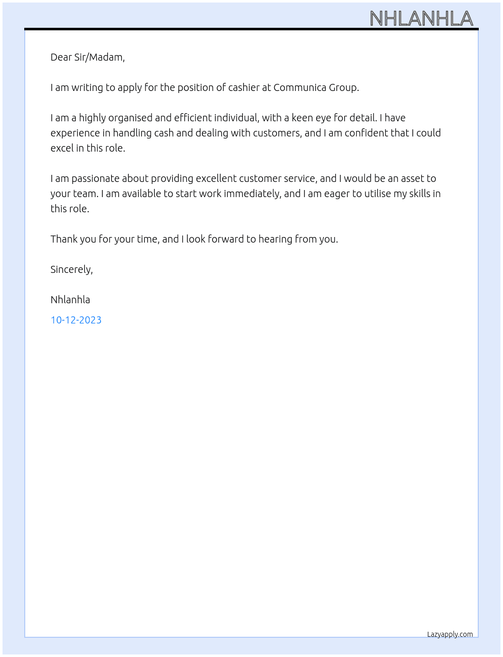 Cashier  At Communica Group Cover Letter