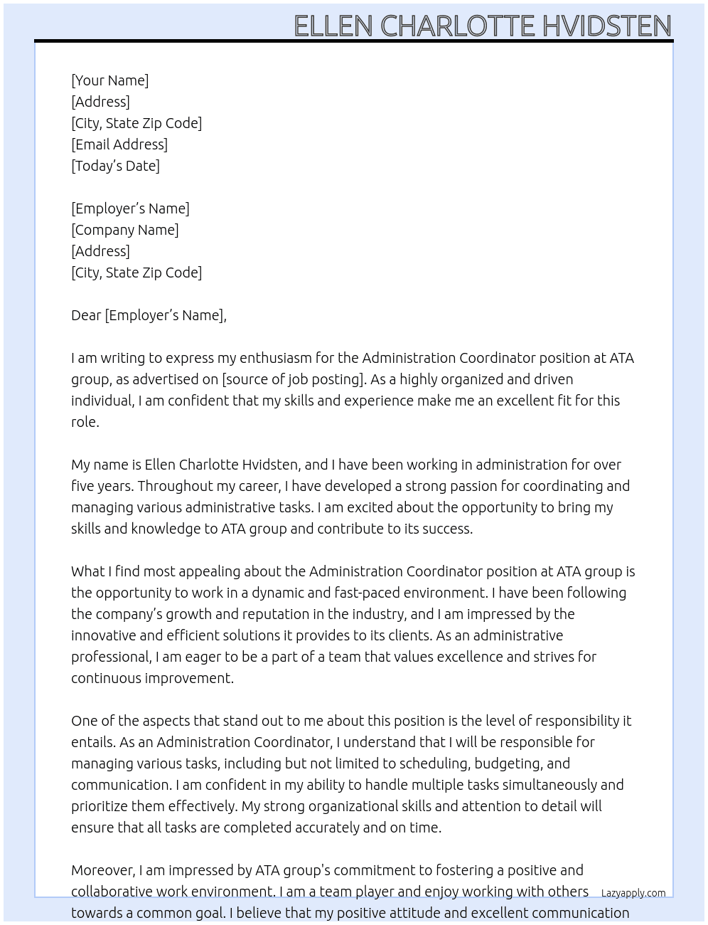 administration coordinator At ATA group Cover Letter