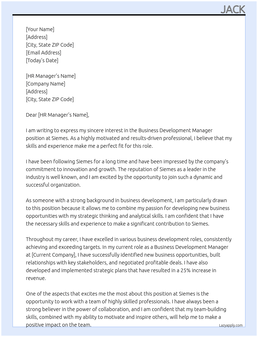 business developmenet manager At Siemes  Cover Letter
