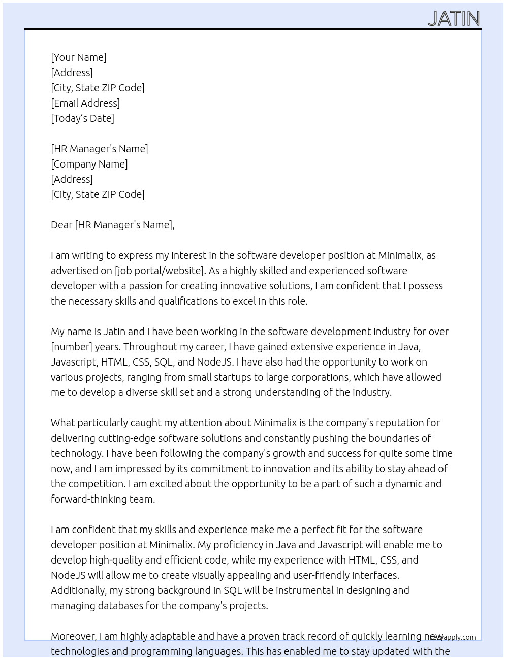 software developer At Minimalix Cover Letter