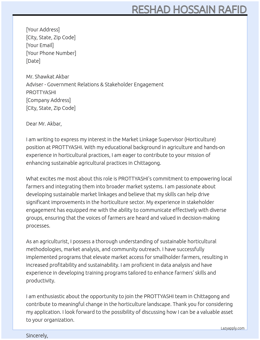 Market Linkage Supervisor (Horticulture) At PROTTYASHI Cover Letter