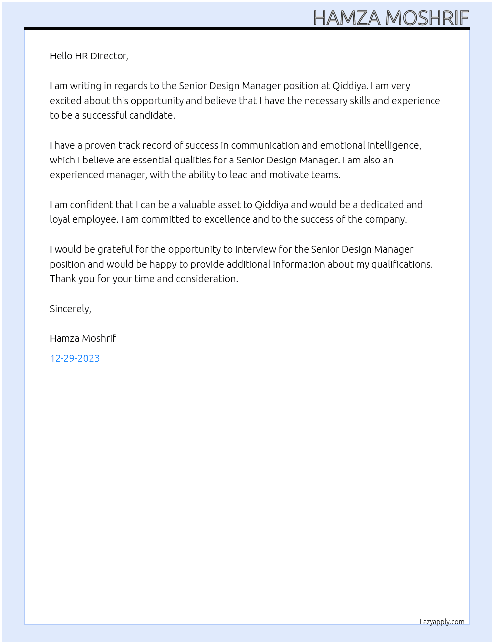 Senior Design Manager  At Qiddiya Cover Letter